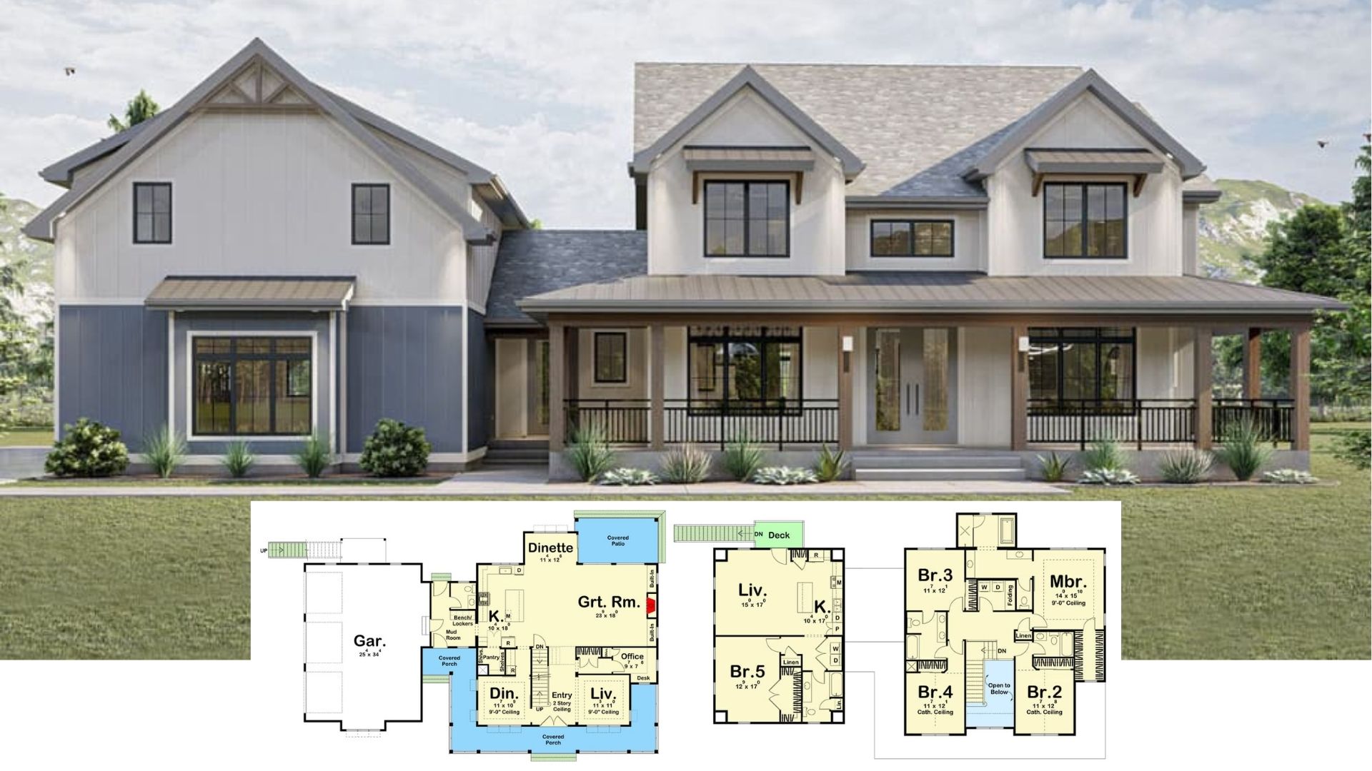 Step into This Spacious 5-Bedroom Modern Farmhouse with a Wraparound Porch (3,880 Sq. Ft. Floor Plan)