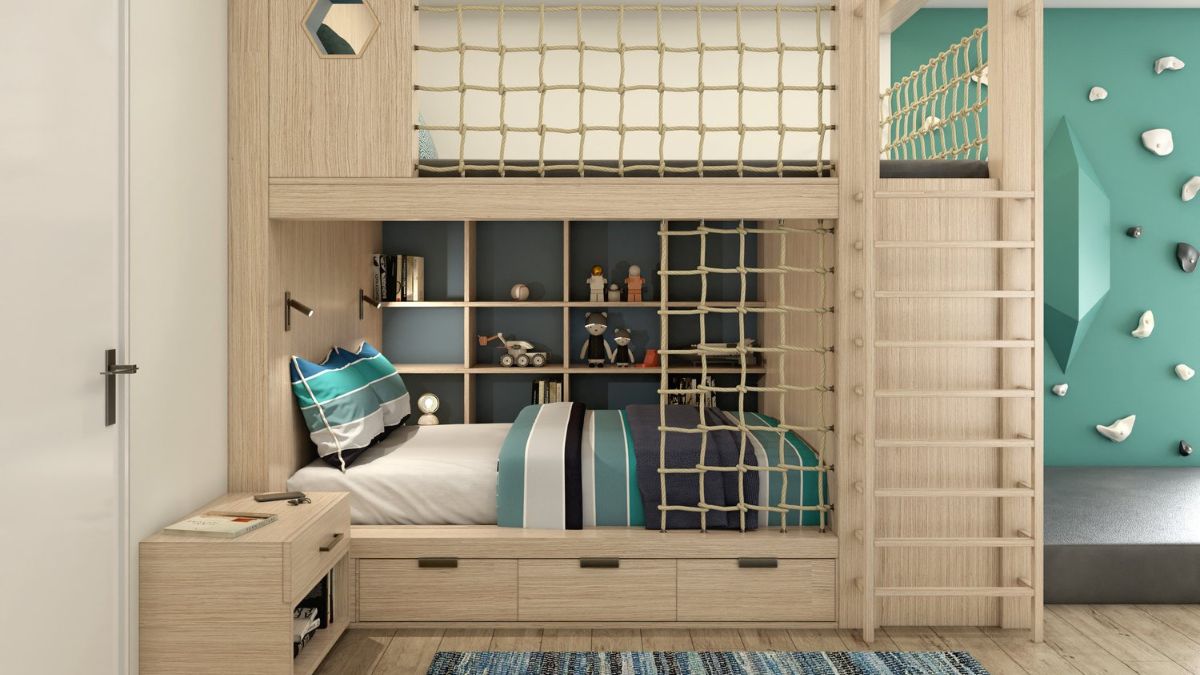 This room, which is a kid's room for boys, features fantastically designed wooden structures.