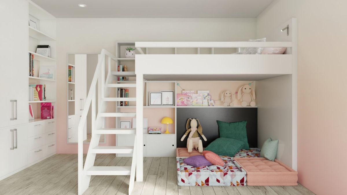 This bedroom is a double deck with charming patterns that would be suitable for a child's room.