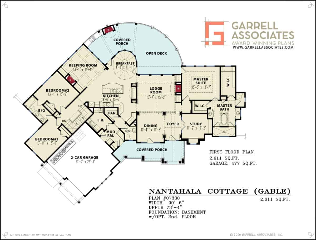 Main level floor plan of a mountain style two-story 3-bedroom Nantahala cottage with foyer, dining room, lodge room, kitchen, breakfast nook, laundry room, three bedrooms, and a mudroom leading to the angled garage.