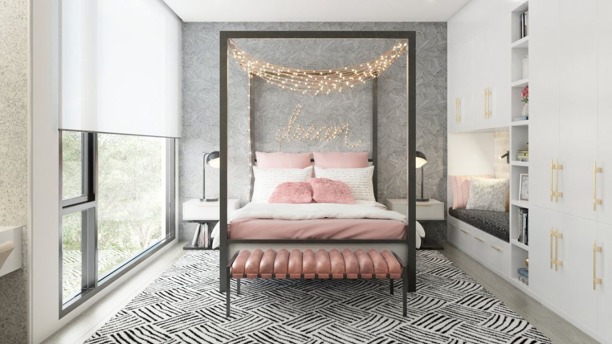 Interior colors for the master bedroom include pale pink, grey, and white.