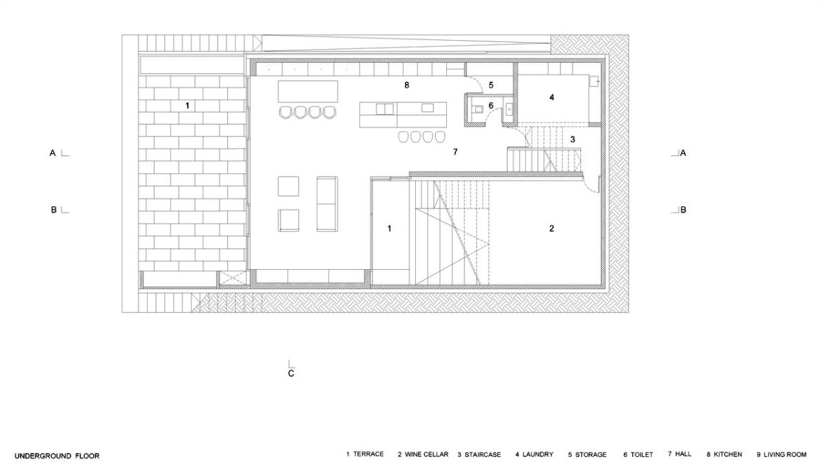 The underground floor plan of the house step level.