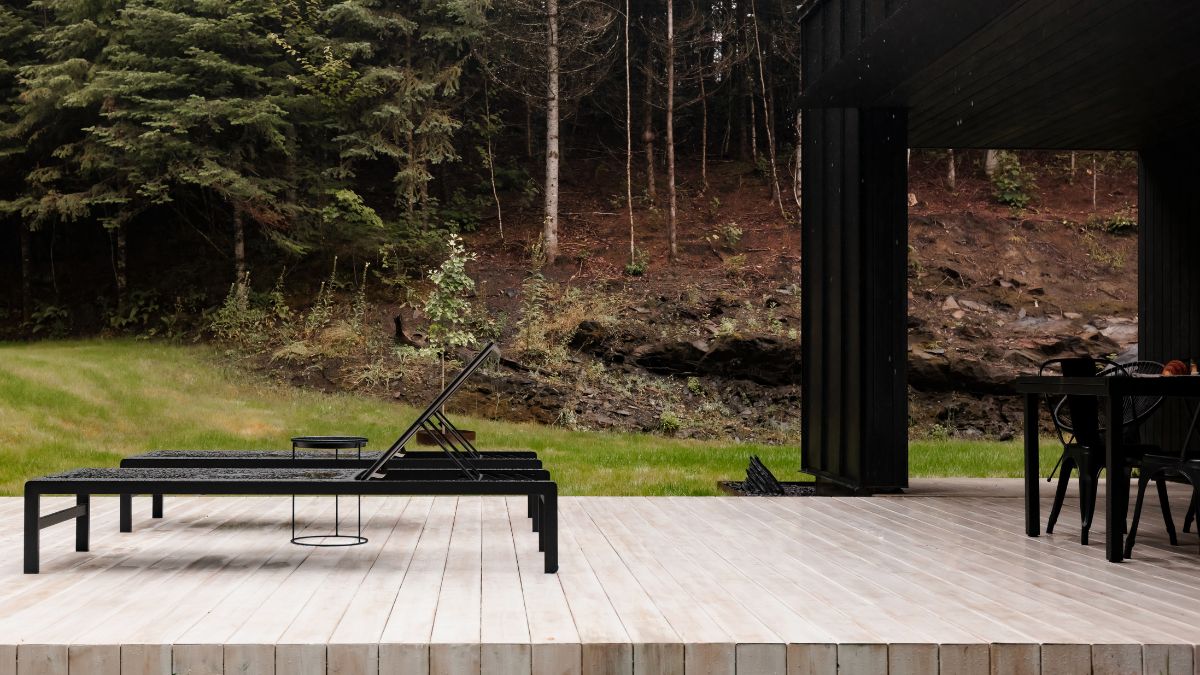 The house's white interiors stand in stark contrast to its black wood façade.