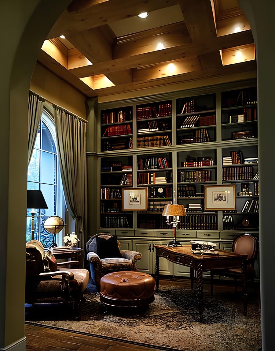 Home office with wooden coffered ceiling, a massive arched window, and a built-in bookcase that runs the length of the room.