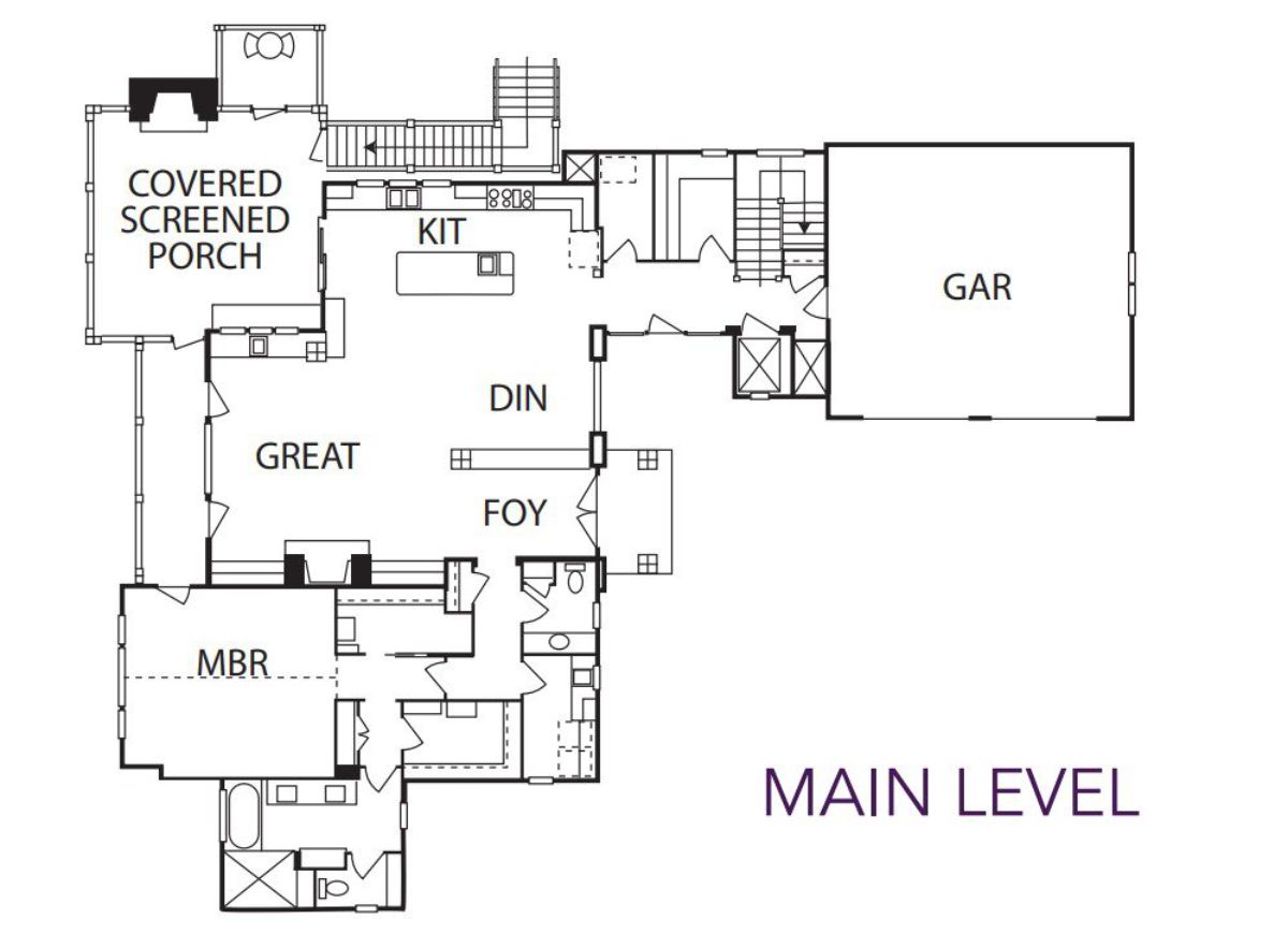 The main level floor plan of the crocket ridge craftsman.