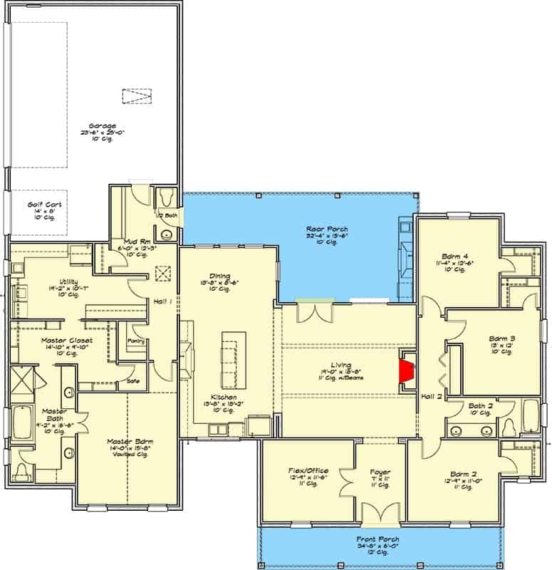 Entire floor plan of a 4-bedroom French country style single-story home with a foyer, living room, kitchen, dining area, four bedrooms, utility, and mudroom leading to the garage.