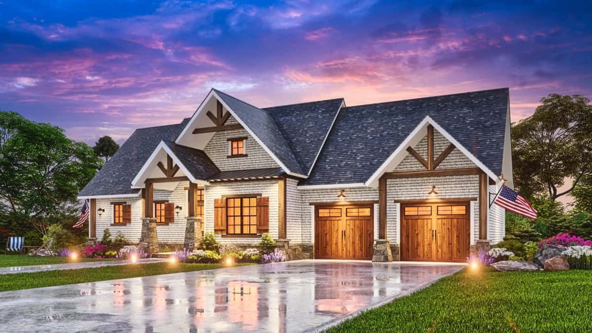 Front-right rendering showcasing the 2-car garage with concrete driveway.