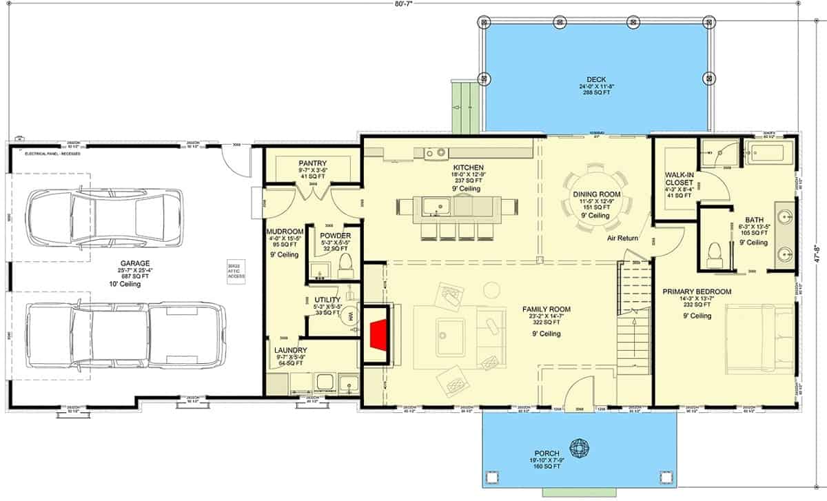 Main level floor plan of a 4-bedroom Southern style two-story home with a family room, kitchen, dining room primary suite, laundry, and mudroom leading to the garage.