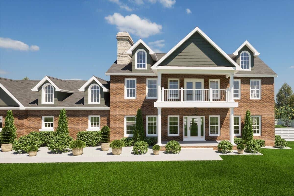 Front rendering showcasing the stately brick exterior and stacked porches.