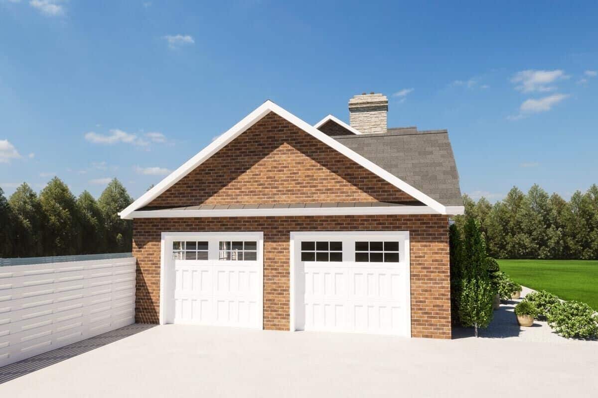 Left rendering with double side-loading garage enclosed in white glazed doors.