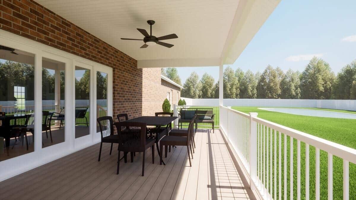 The covered deck offers a great place to unwind and enjoy alfresco dining.