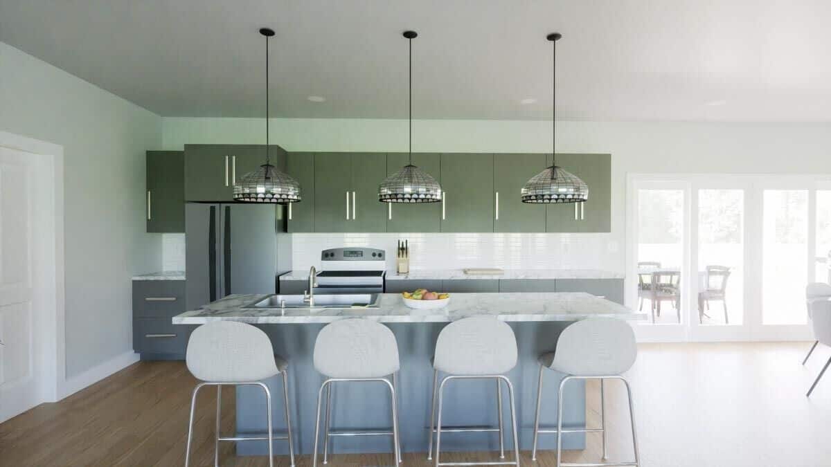 The kitchen is equipped with slate appliances, marble counters, and a breakfast island fitted with a prep sink.