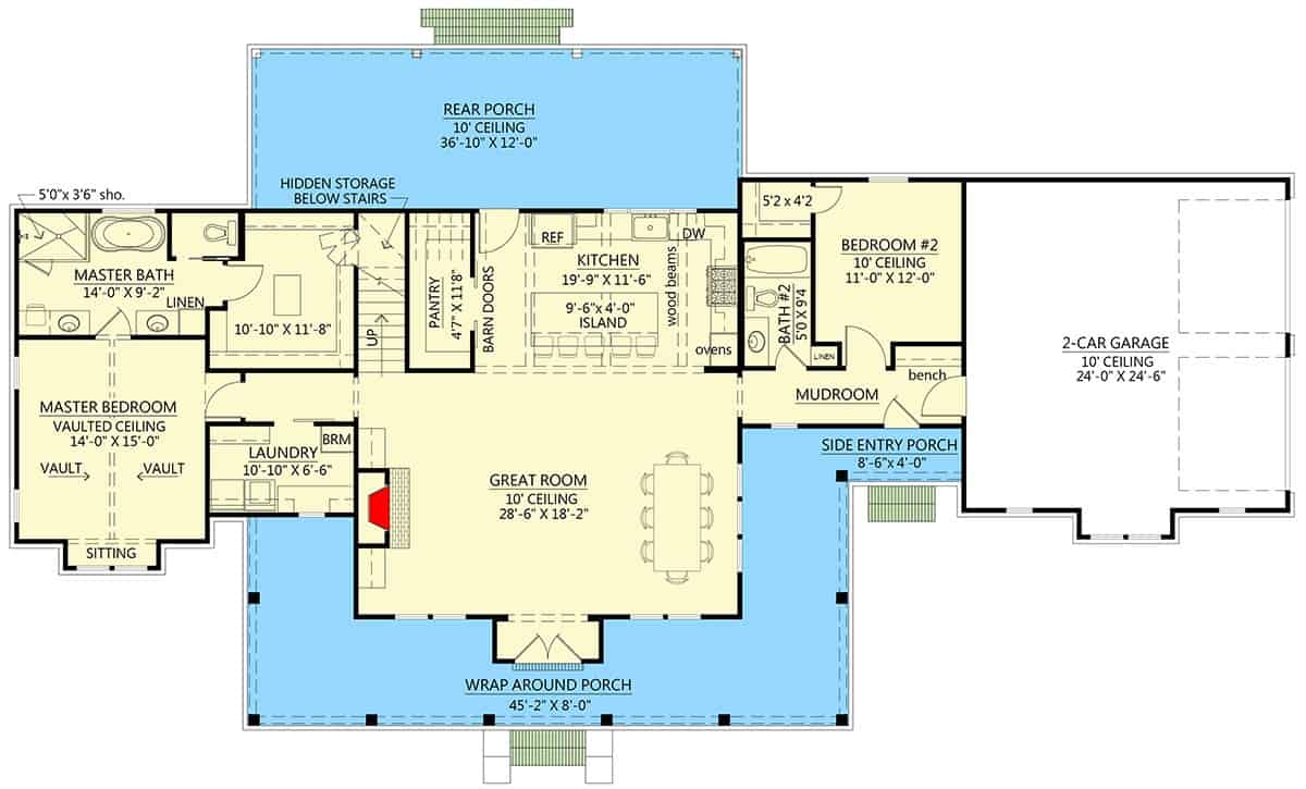 Main level floor plan of a 4-bedroom Gothic-inspired two-story modern farmhouse with a great room, kitchen, dining room, laundry, two bedrooms, and a mudroom leading to the garage.