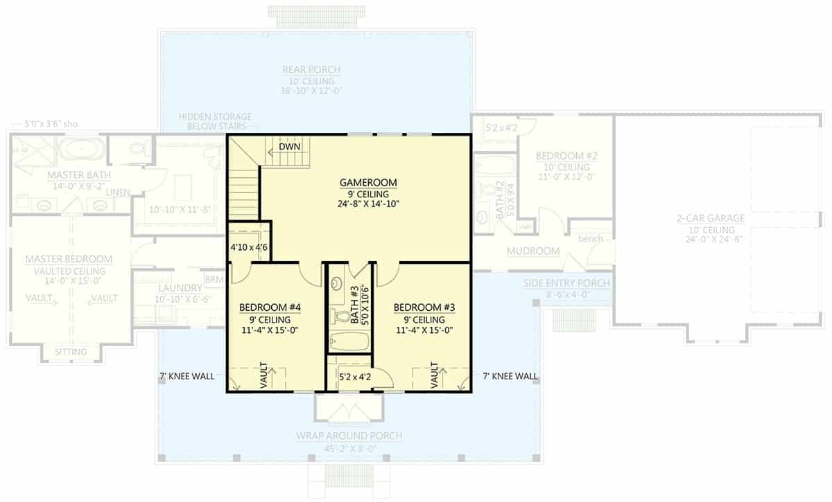 Second level floor plan with a game room, two bedrooms, and a shared bathroom.