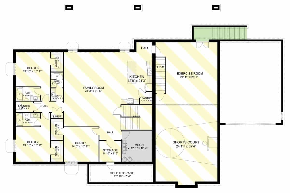 Lower level floor plan with three more bedrooms, an exercise room, a sports court, a family room, and a full kitchen.