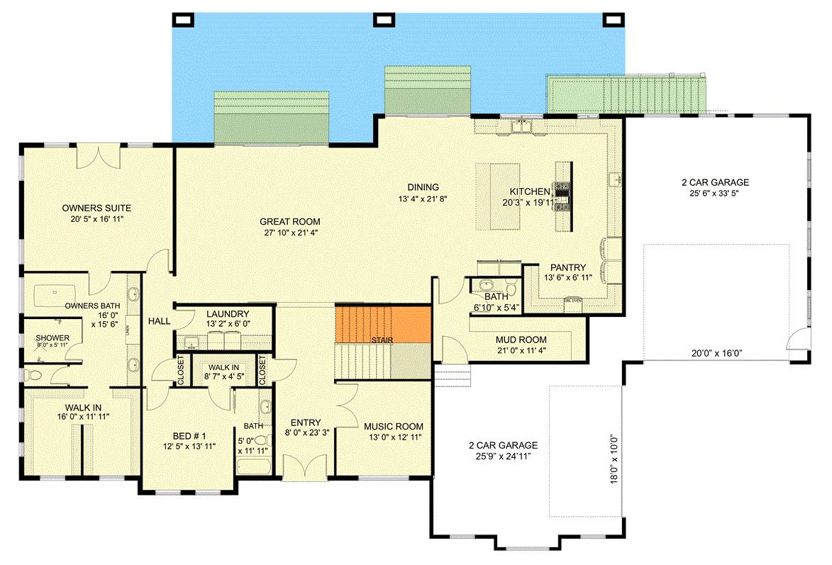 Main level floor plan of a two-story modern 8-bedroom luxury home with a foyer, great room, dining area, kitchen, laundry room, two bedrooms, and a mudroom leading to the garage.