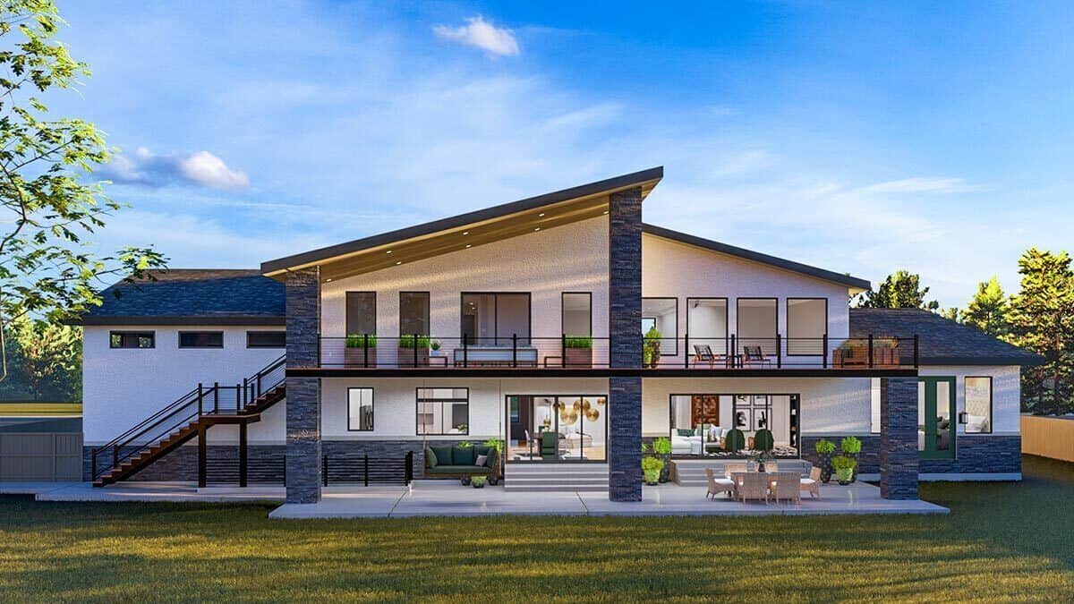 Rear rendering showcasing the stacked porches supported by stone pillars.