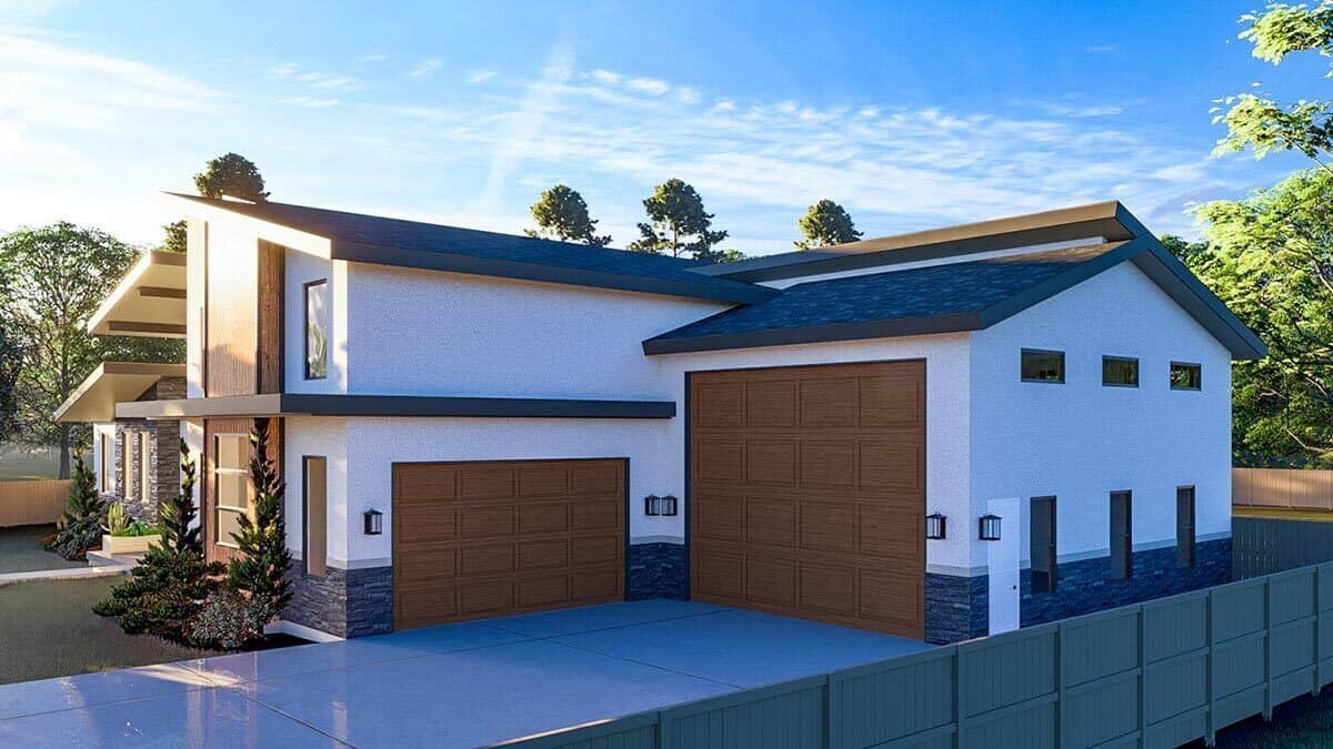 Front-right rendering with a 4-car garage and a concrete driveway.