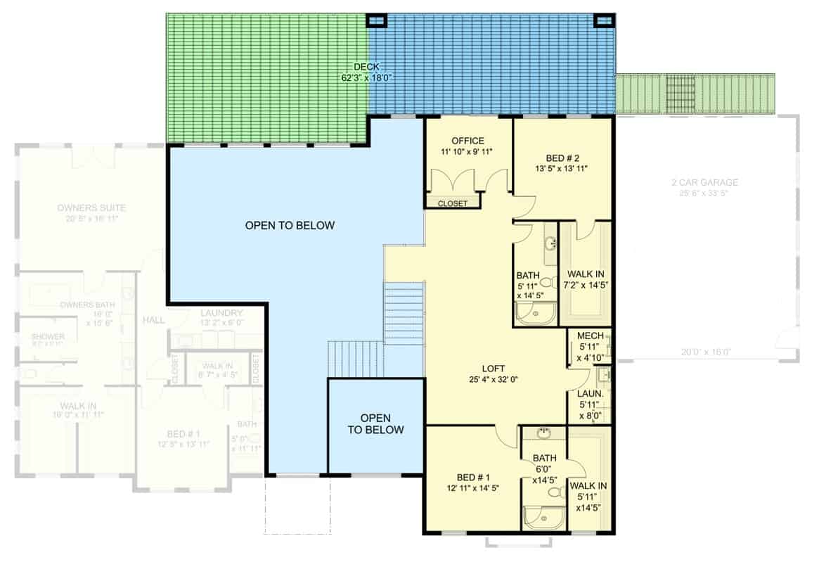 Second level floor plan with two bedrooms, a home office, second laundry room, and a loft overlooking the great room below.