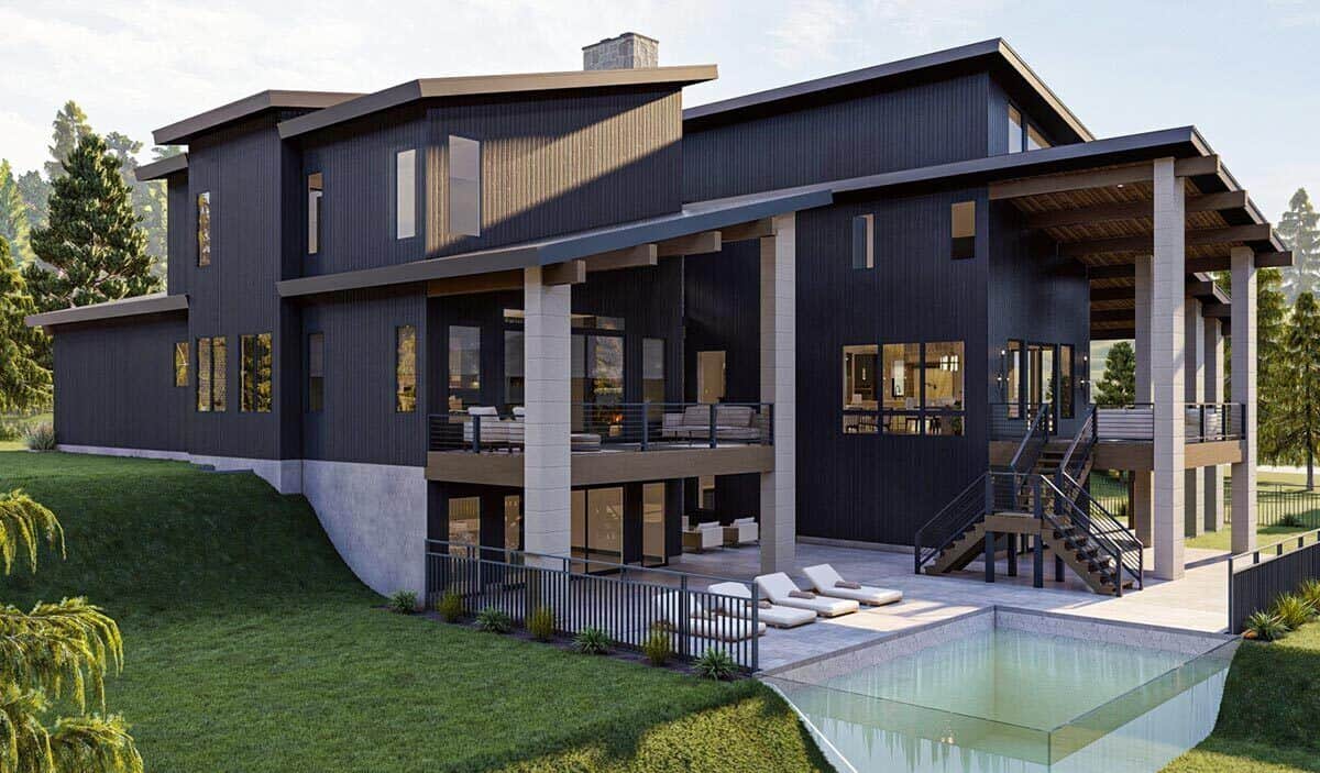 Rear-right rendering showcasing the pool terrace lined with modern loungers.