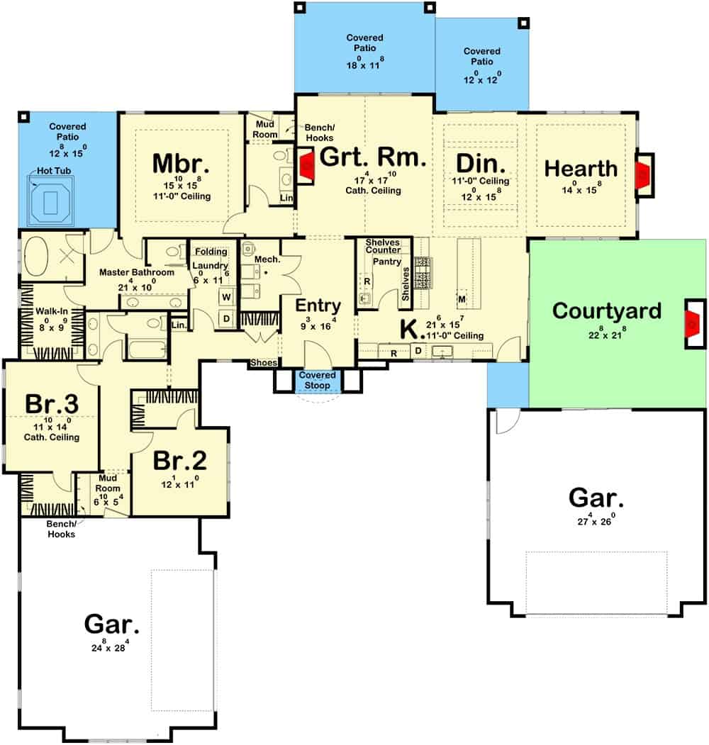 Entire floor plan of a 3-bedroom single-story European home with a foyer, great room, dining area, kitchen, hearth room, three bedrooms, mudroom leading to one of the garages, and plenty of outdoor spaces including a courtyard.