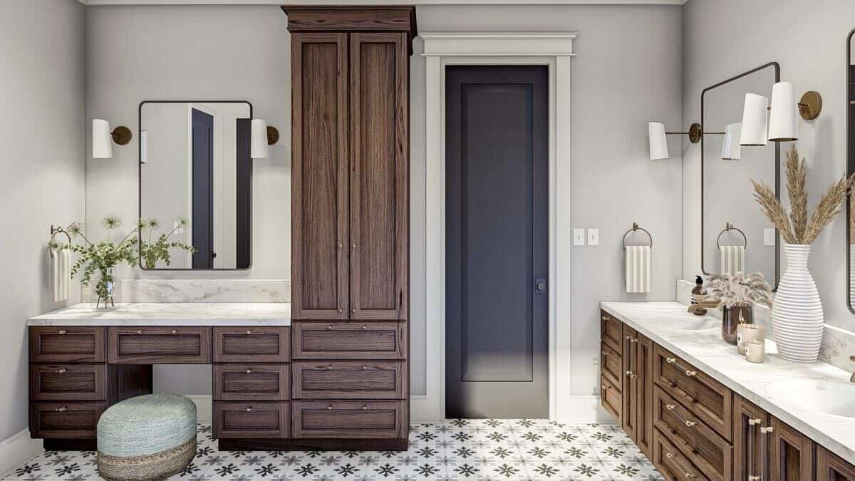 The primary bathroom has a dual sink vanity and a matching makeup counter with an attached linen closet.