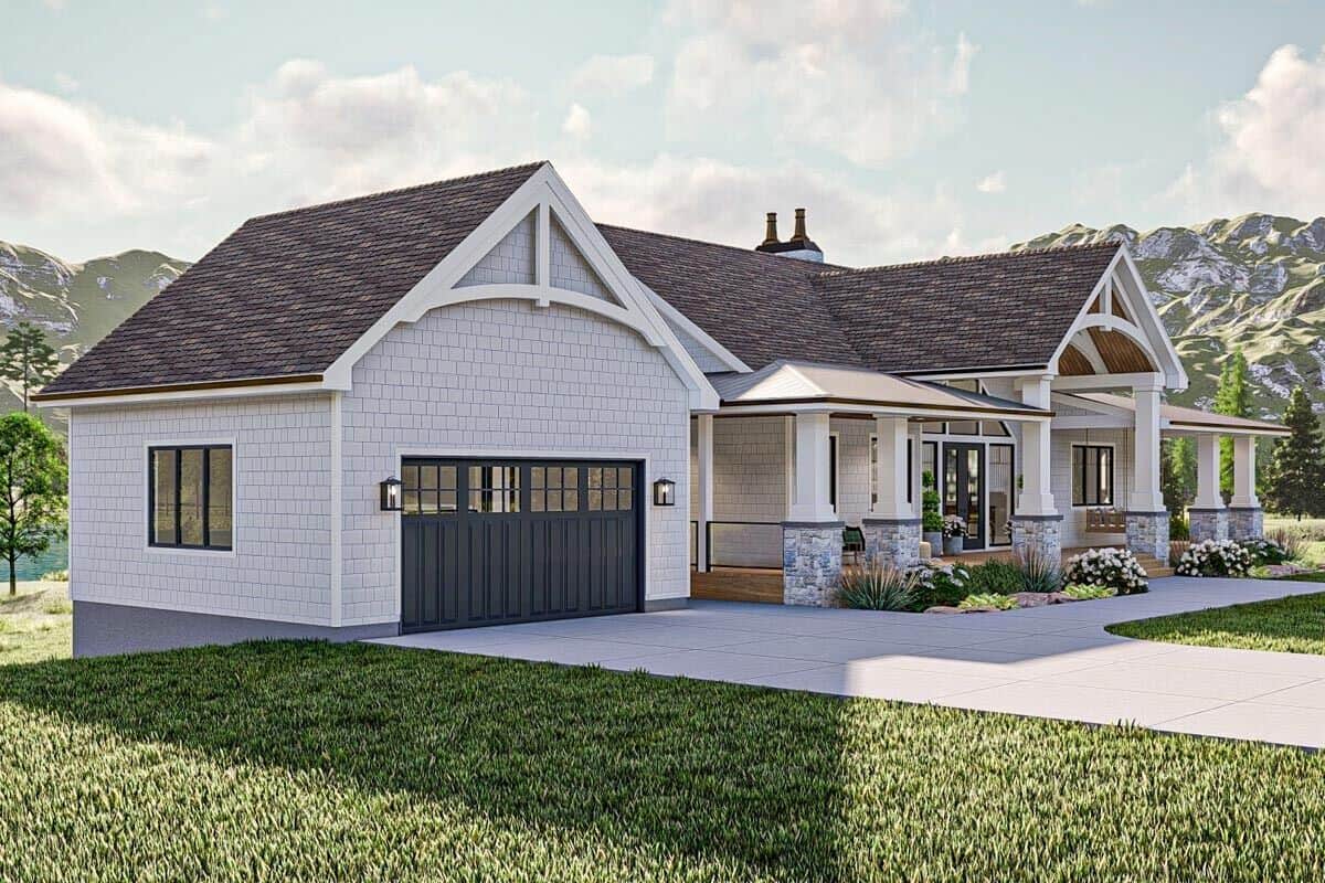 Front-left rendering showcasing the front-facing garage and a wraparound deck bordered by stone base columns.