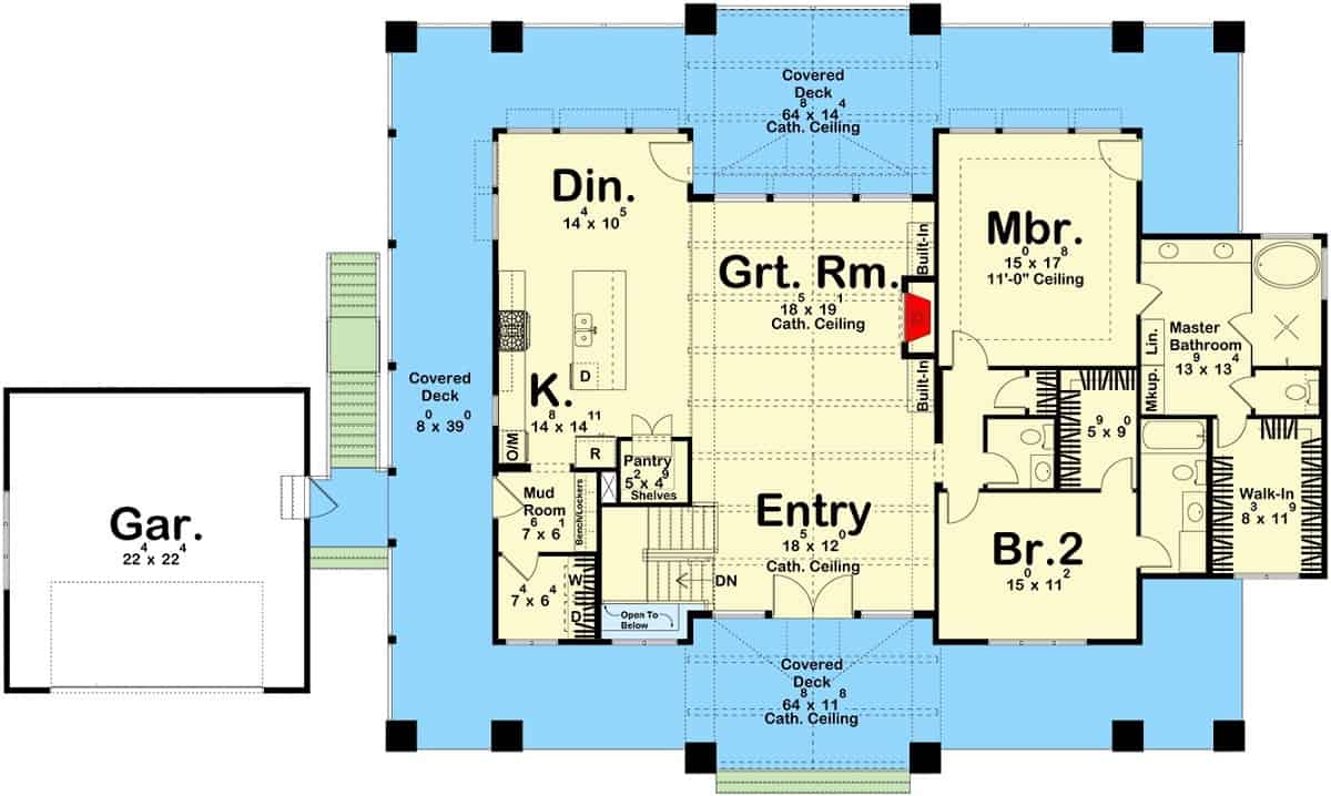 Entire floor plan of a country style 2-bedroom single-story lake house with a foyer, great room, dining area, kitchen, two bedrooms, a wraparound deck, and a 3-car garage.