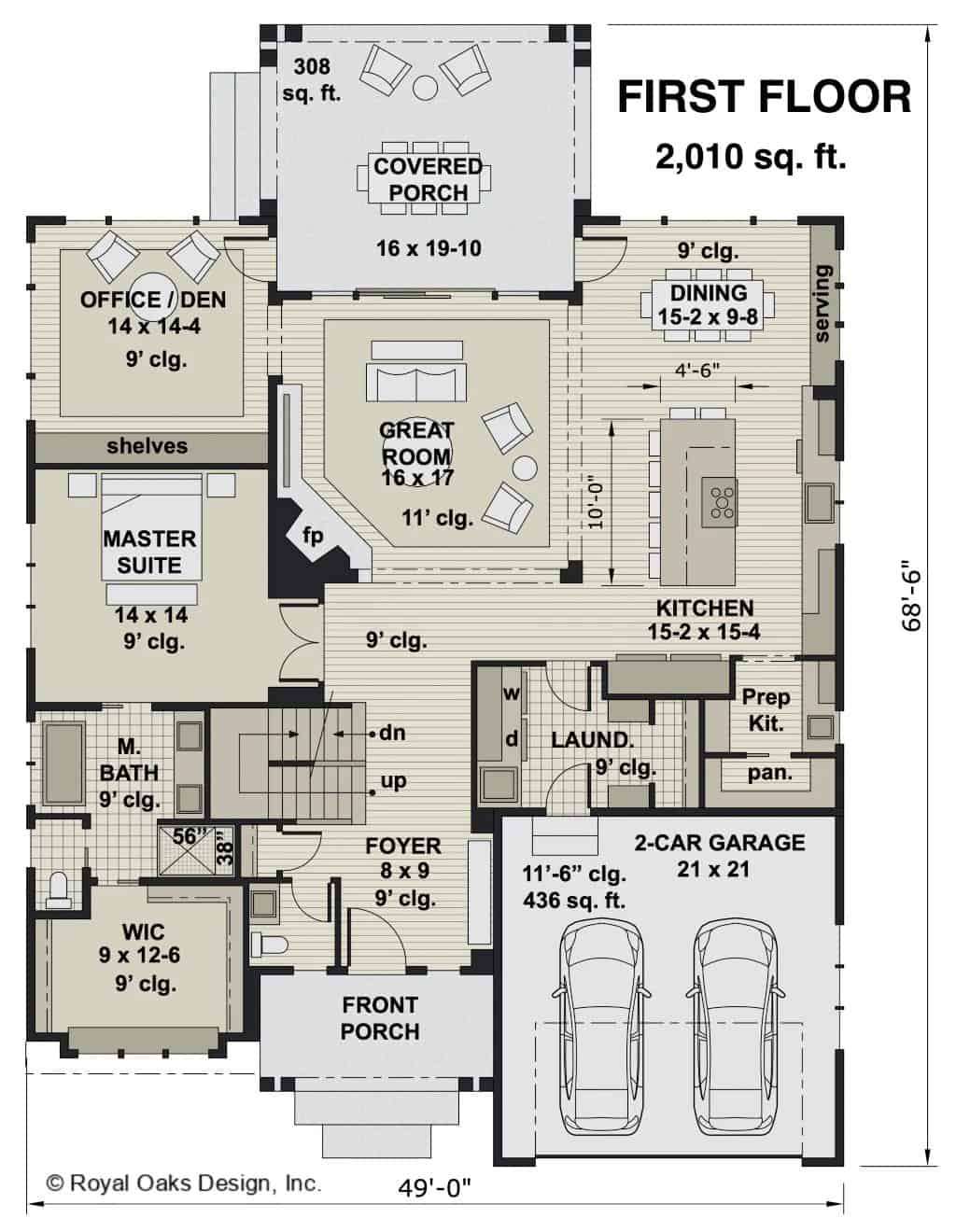 Main level floor plan of a country style two-story 4-bedroom Peachtree home with a foyer, great room, kitchen, dining area, office/den, primary suite, and laundry room leading to the garage.