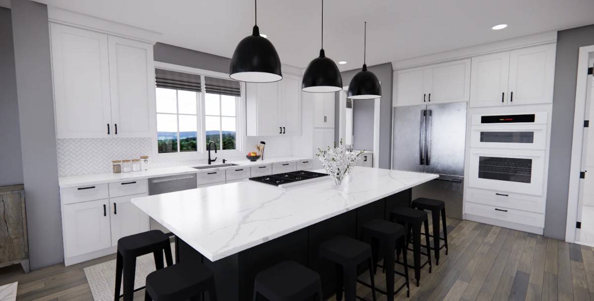 The kitchen offers ample storage, marble counters, and a cooktop island surrounded by black bar stools.