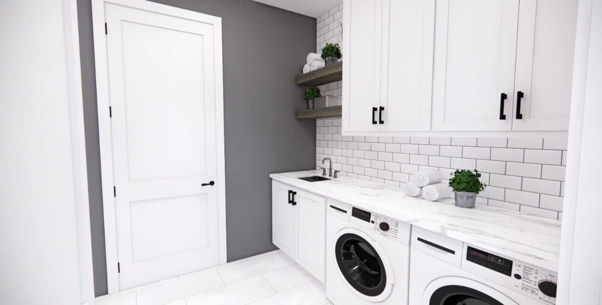 The laundry room is equipped with front-load appliances, a sink, custom cabinets, and floating shelves.