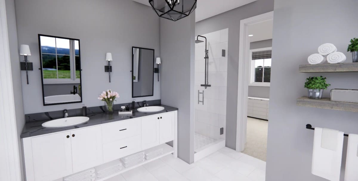 Primary bathroom with a dual sink vanity and a walk-in shower.