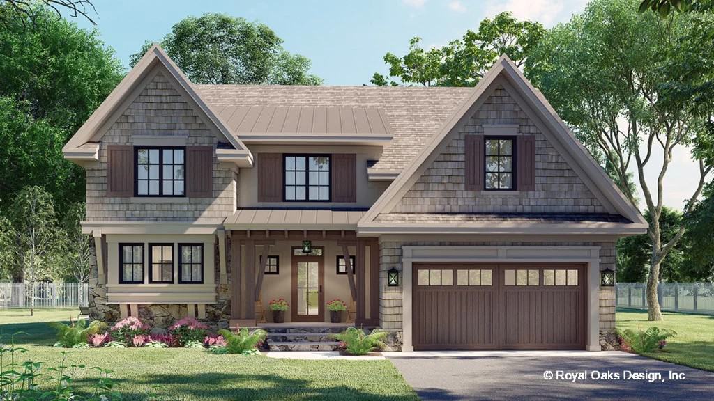 Front rendering with a covered entry porch, shuttered windows, and a double garage.