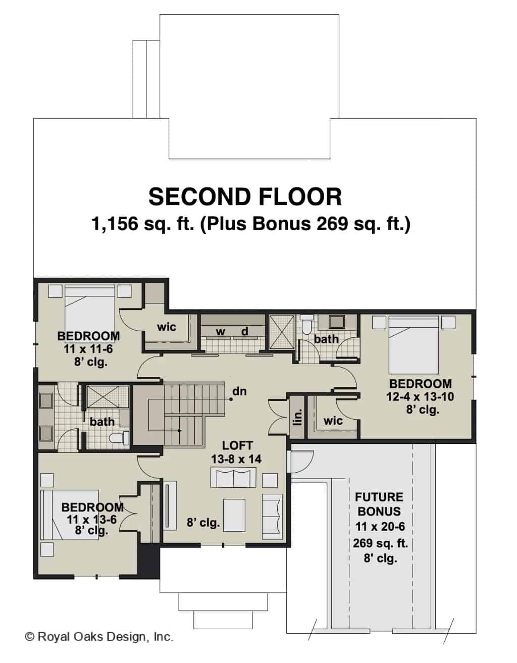 Second level floor plan with two three bedrooms, two baths, a loft, and a laundry closet.