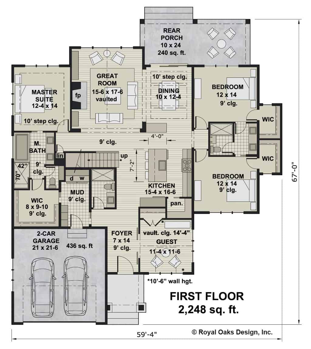 Main level floor plan of a single-story farmhouse style 3-bedroom Oakmont home with a foyer, kitchen, dining area, great room, four bedrooms, and a mudroom leading to the garage.