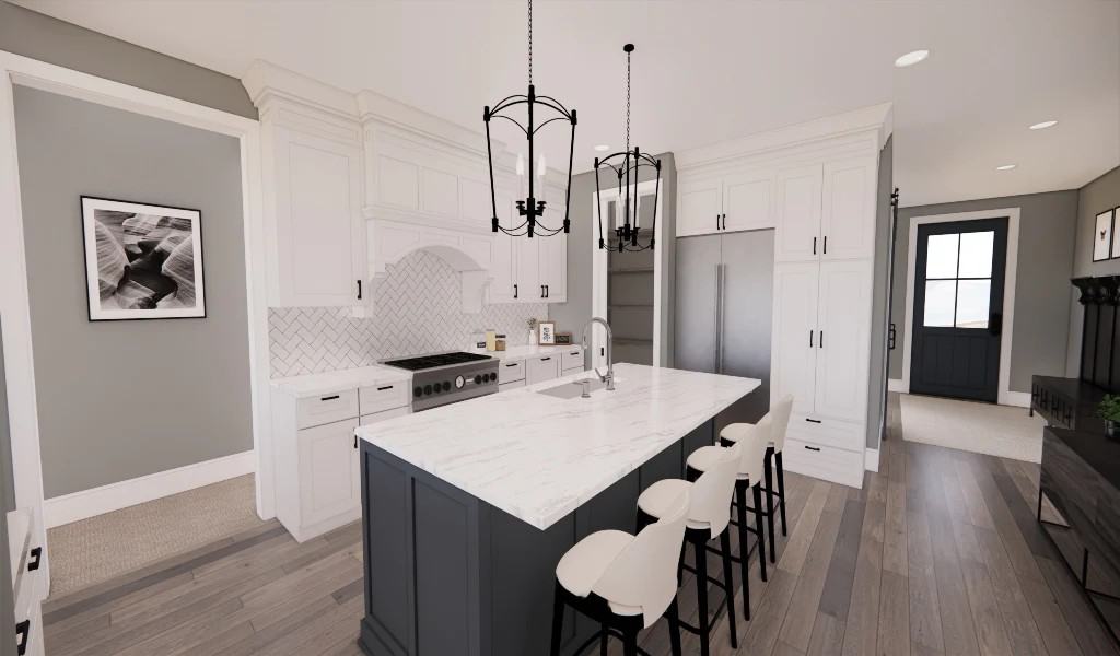 Kitchen with white cabinetry, stainless steel appliances, and a breakfast island fitted with a prep sink.