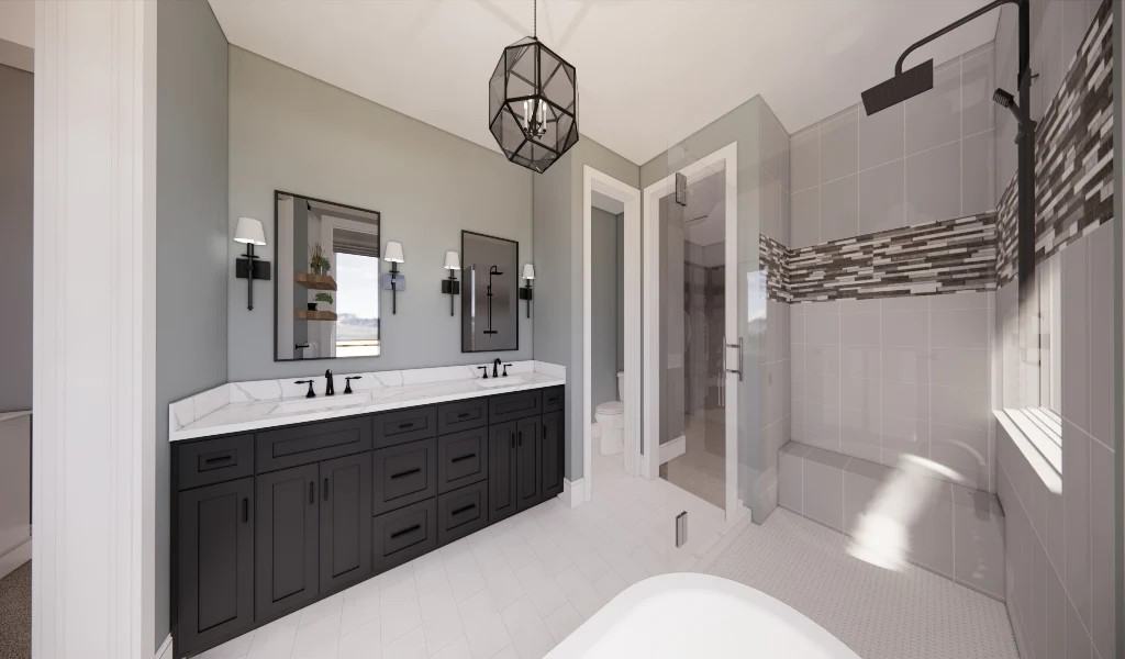 The primary bathroom offers a dual sink vanity and a wet room with a shower and a soaking tub.