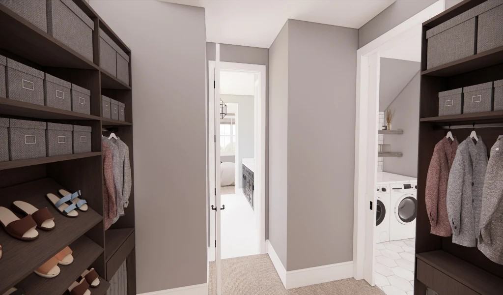 The primary walk-in closet conveniently connects to the laundry room.