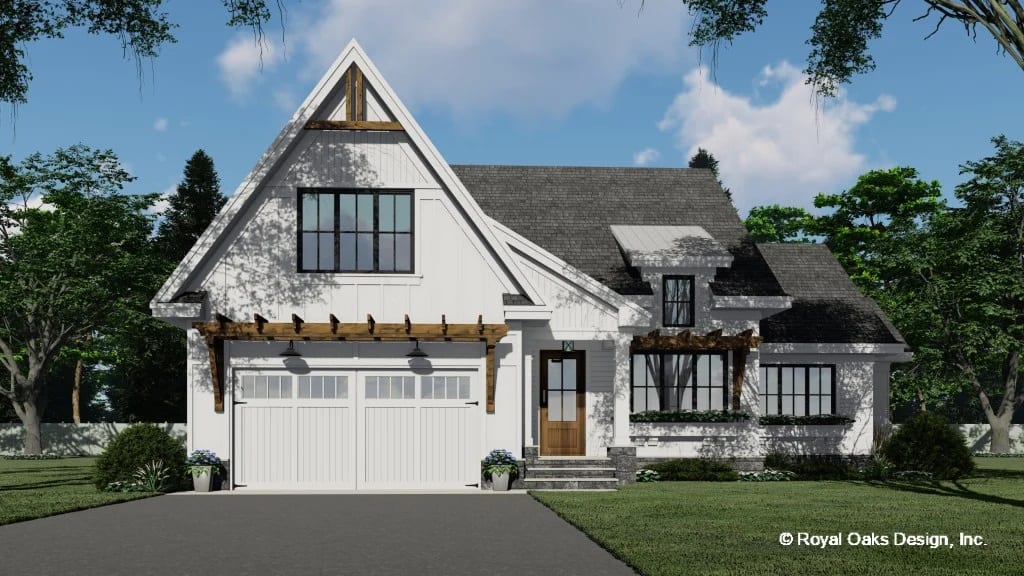 Front rendering with a double front-loading garage and a covered entry porch topped with a shed dormer.