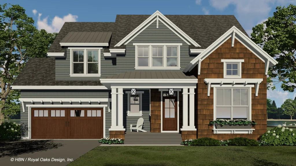 Front rendering with a double garage and a covered entry porch highlighted by double columns.