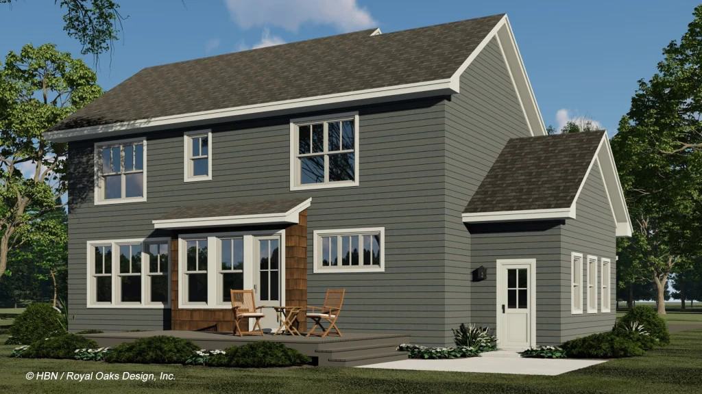 Rear rendering with an open patio and access to the front-loading garage.