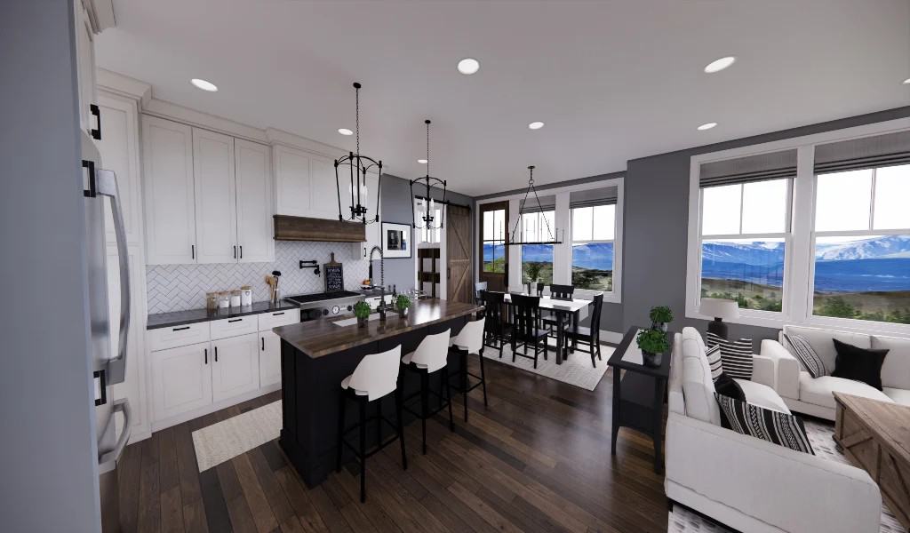 An open layout view of the great room, dining room, and kitchen with white cabinetry and a contrasting island.