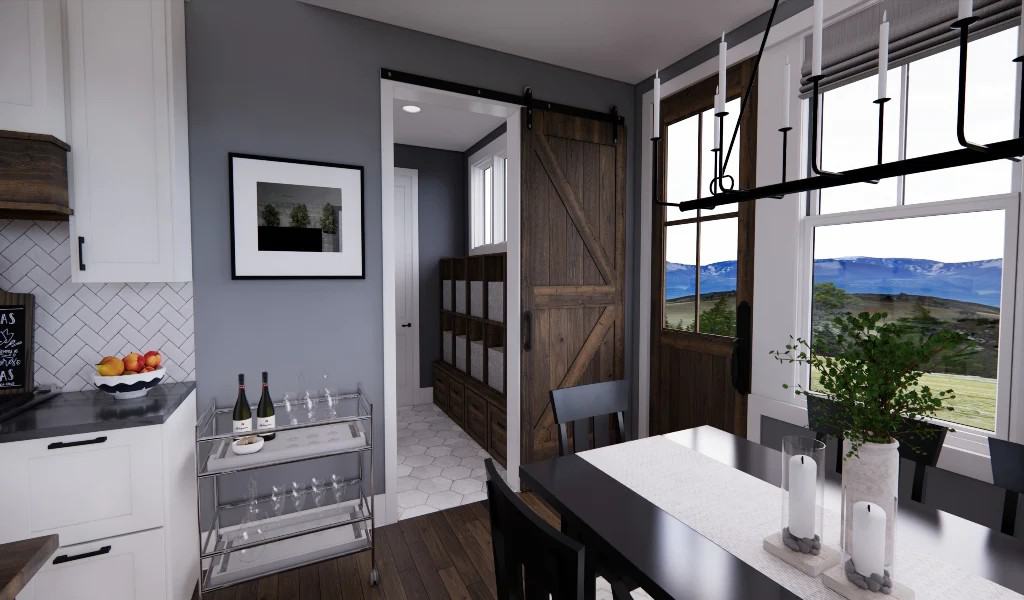 A sliding barn door provides the eat-in kitchen access to the mudroom.