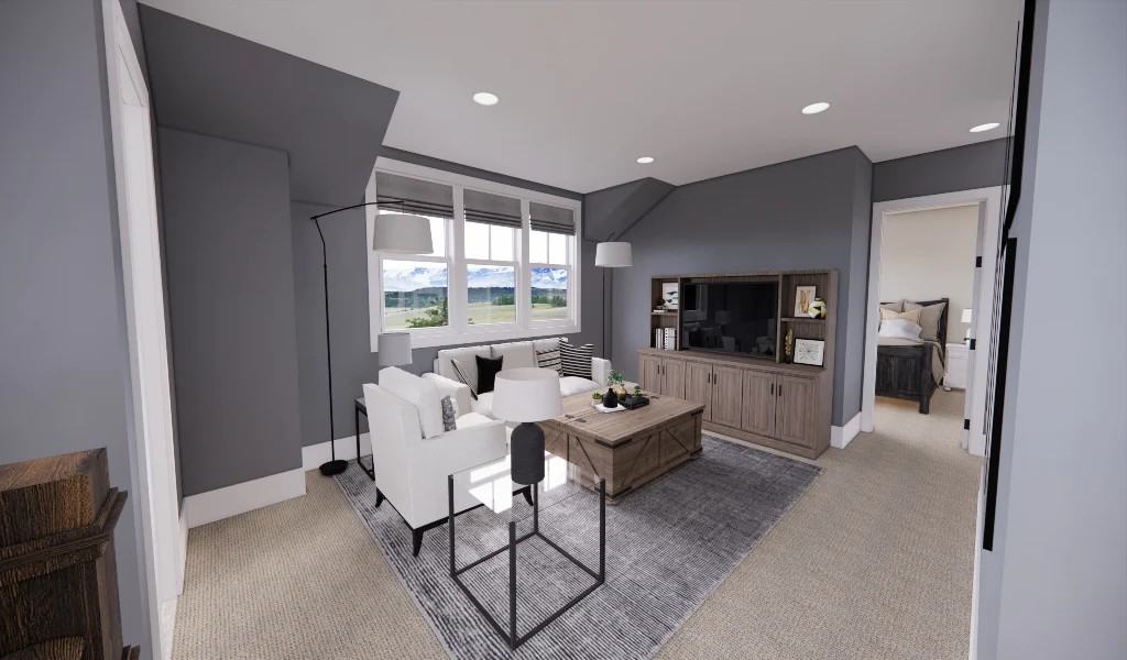 Loft with white seats, a wooden coffee table, and a matching cabinet mounted with a TV.