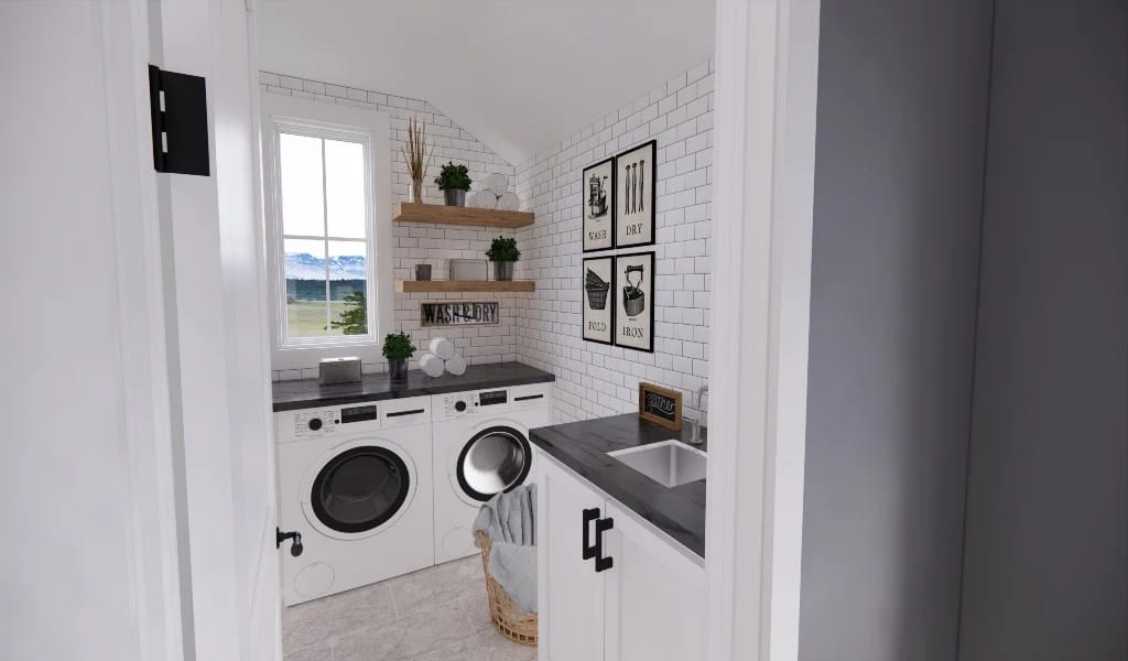 The laundry room is equipped with front-load appliances, a sink, marble counters, and a subway-tiled backsplash.