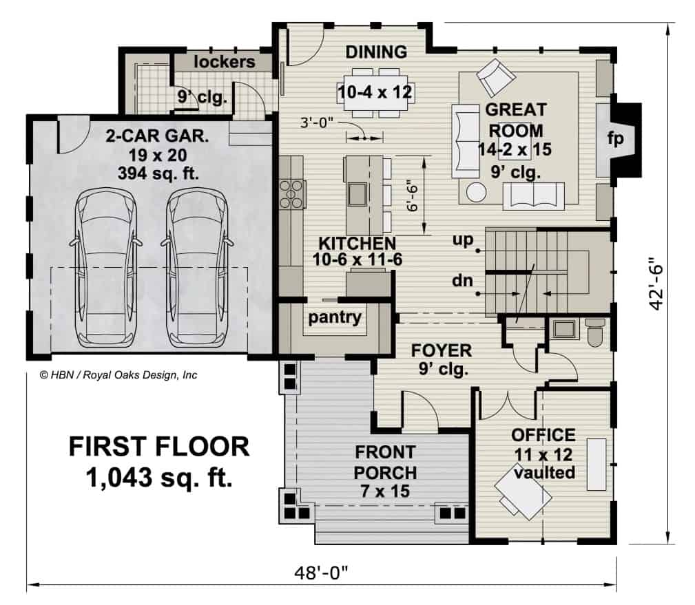 Main level floor plan of a craftsman style two-story 3-bedroom Hemlock home with a foyer, home office, great room, kitchen, dining area, and mudroom leading to the garage.