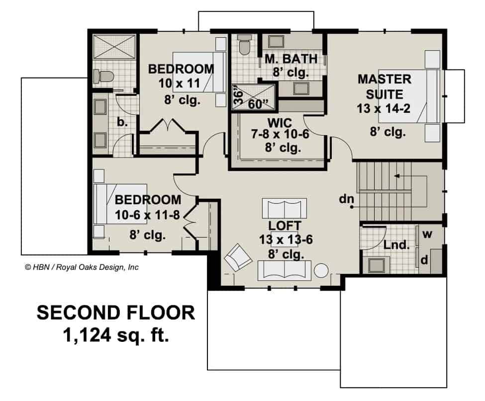 Second level floor plan with three bedrooms, two baths, a loft, and a laundry room.