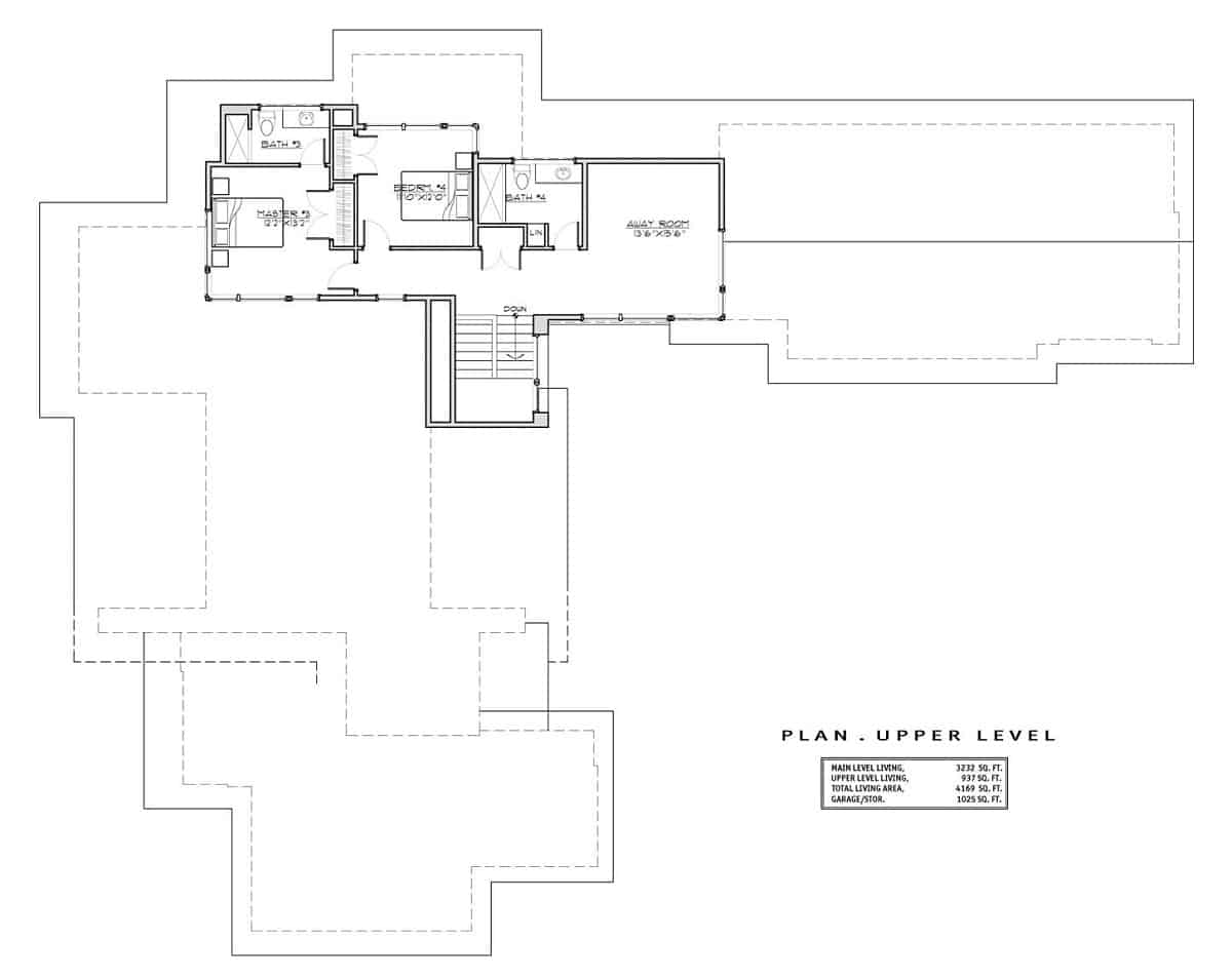 Second level floor plan with two bedrooms, two baths, and an away room.