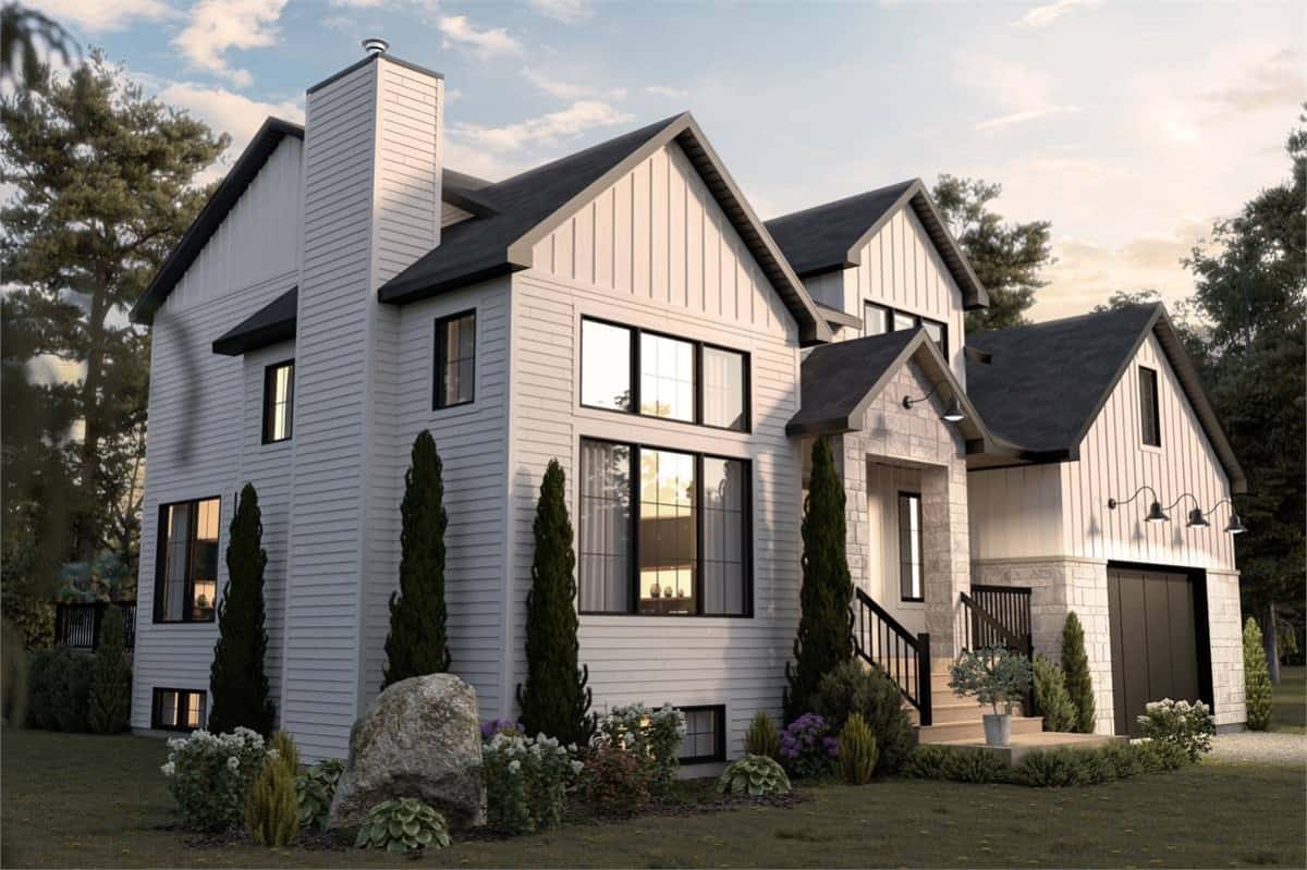 Front-left rendering with a tall chimney, multiple gables, and a covered entry.