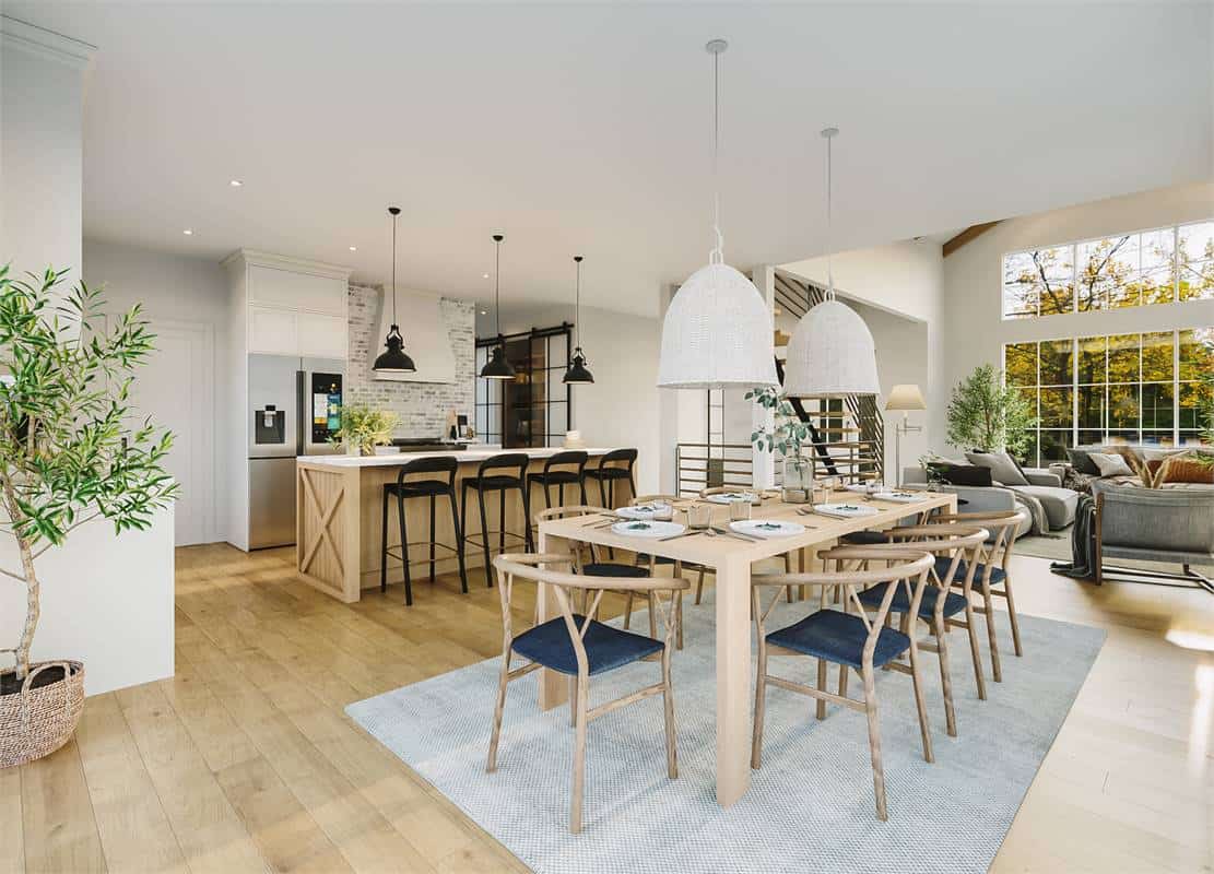 The dining area offers a wooden dining set topped with a couple of wicker pendants.